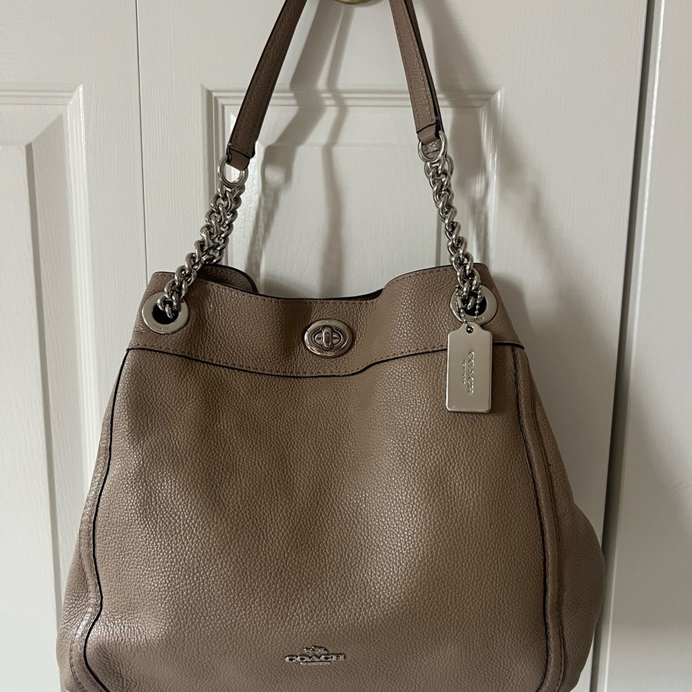 Coach Taupe Leather Shoulder Bag with Chain Detail